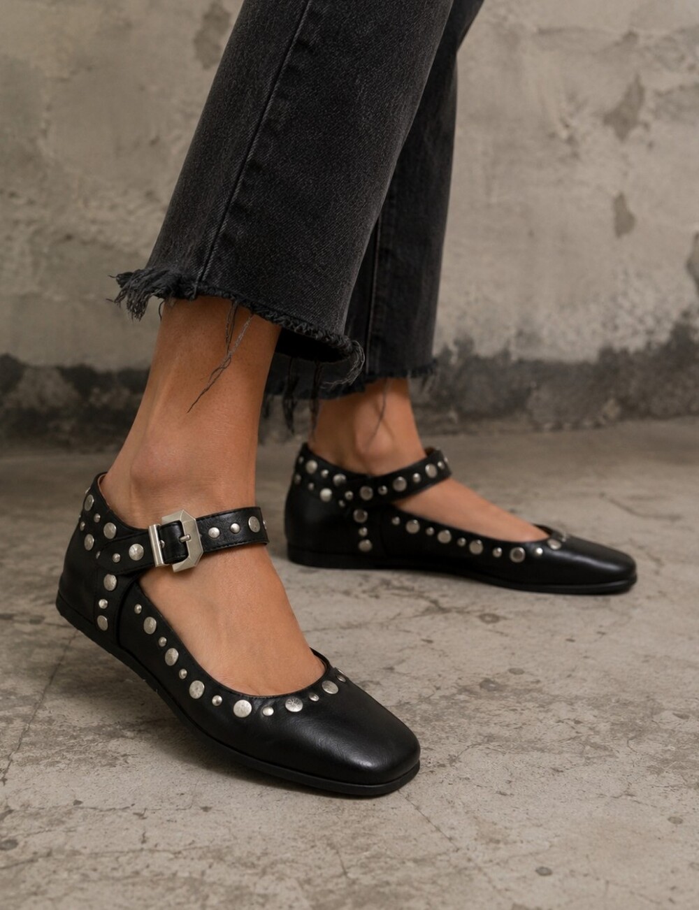 Free People Mystic Studded Mary Jane Flats Black Leather Grunge Chic US 6.5